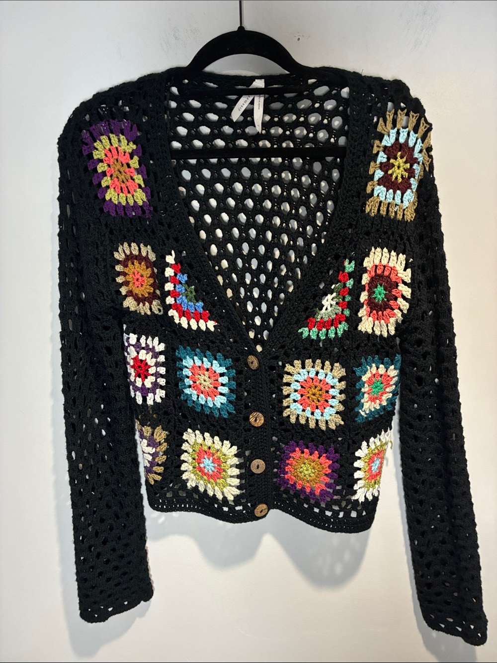 Dreamers by debut Crochet Granny Square Cardigan Black Boho Festival Sweater L
